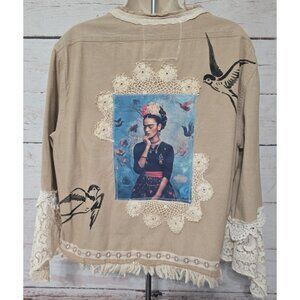 OOAK Magnolia Boho Upcycled Shirt Fringe Lace Appliques Frida Indie Artwear Sz L